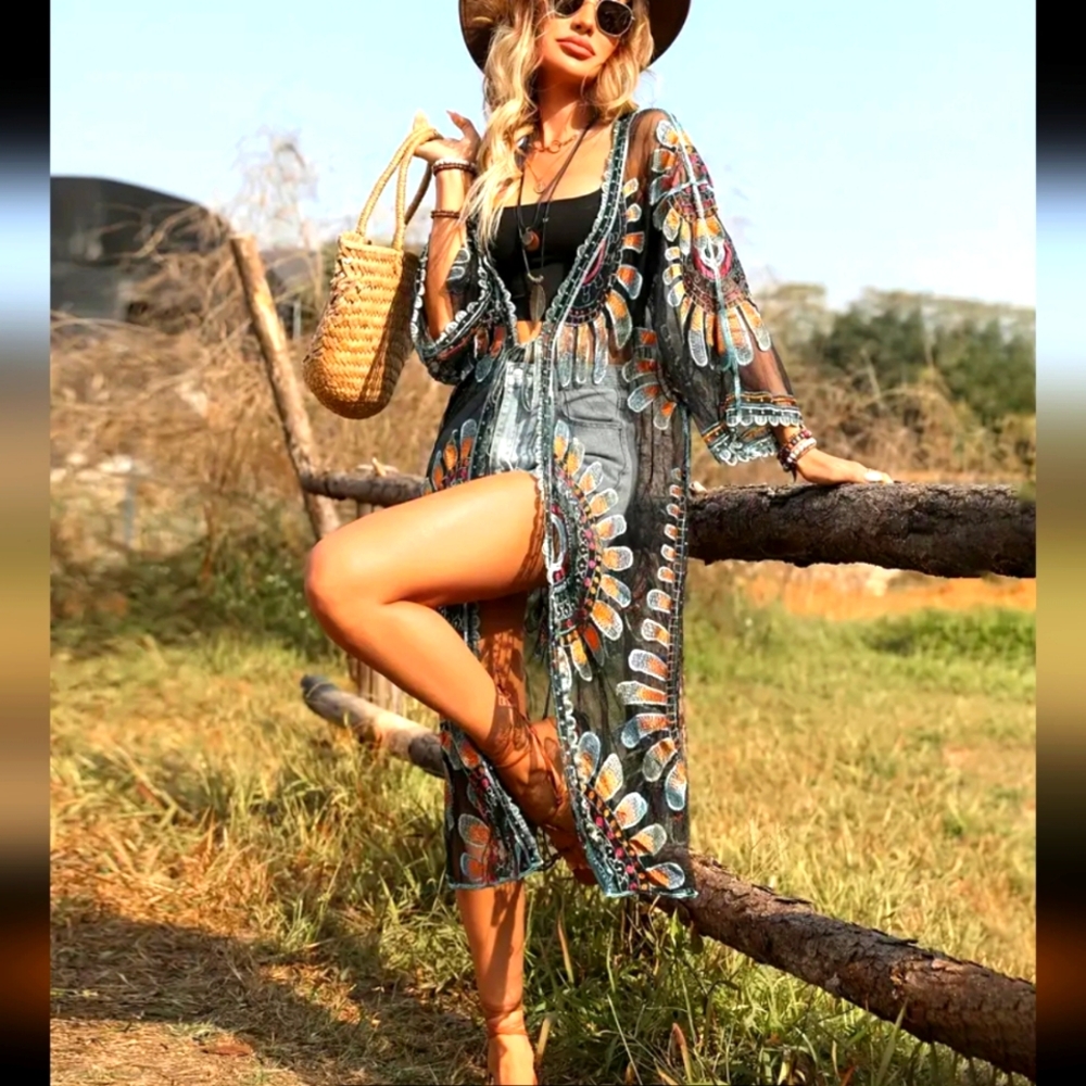 Bohemian Sheer Black and Blue Swim Coverup